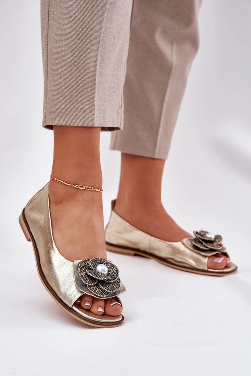 Skórzane Baleriny Z Odkrytymi Palcami I Kwiatem Zazoo 1870 Złote