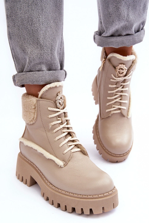 Damskie Skórzane Trapery Botki Beżowe Lemar Vergo