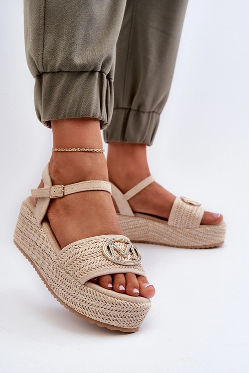 Sandały Damskie Na Koturnie Z Plecionką Beżowe Esalena