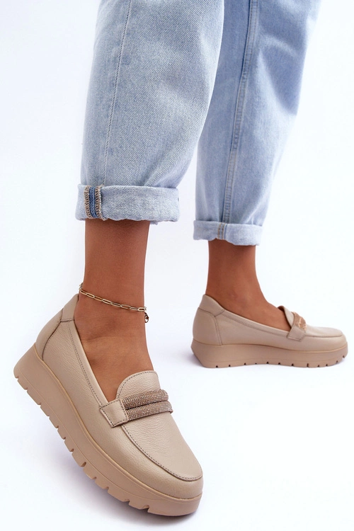 Skórzane Półbuty Na Platformie Z Ozdobą Jasnobeżowe Lemar Lehira