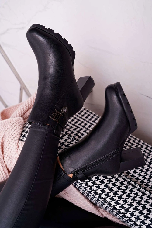 Damskie Botki Na Słupku Ocieplane Czarne Teleni