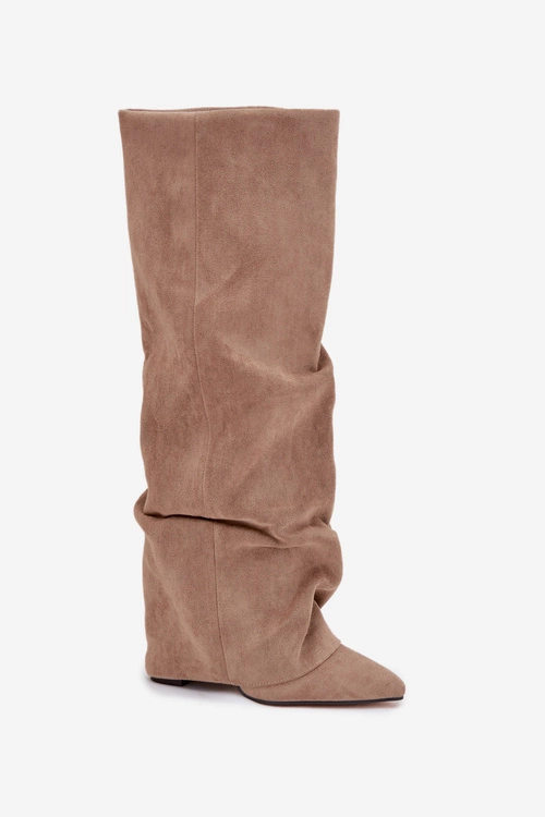 Ocieplane Kozaki Damskie Z Wywiniętą Cholewką Na Słupku Eko Zamszowe Beżowe Elivira