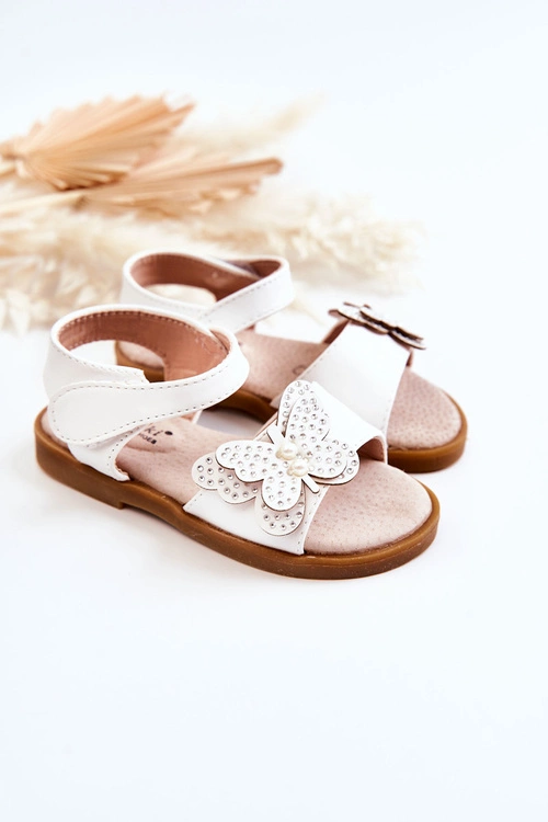 Dziecięce Skórzane Sandały Motylki Białe Rolly