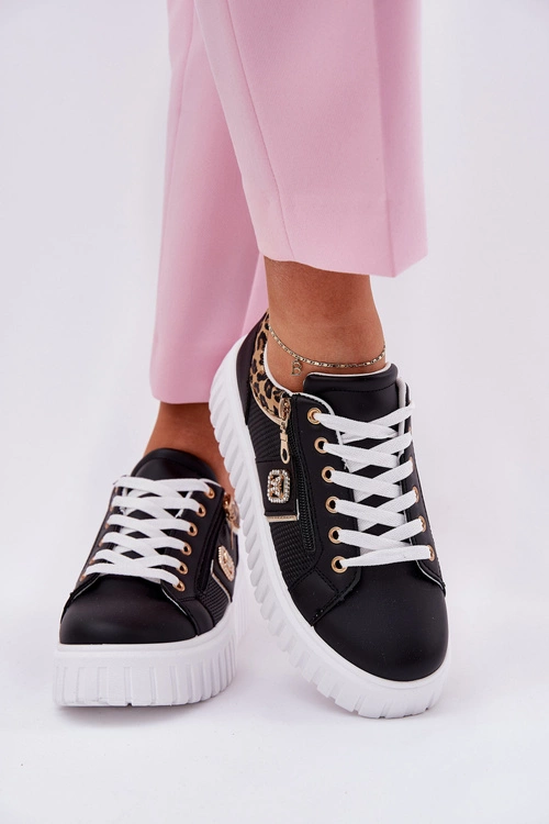 Buty Sportowe Damskie Na Platformie Z Eko Skóry Panterka Czarne Velionna