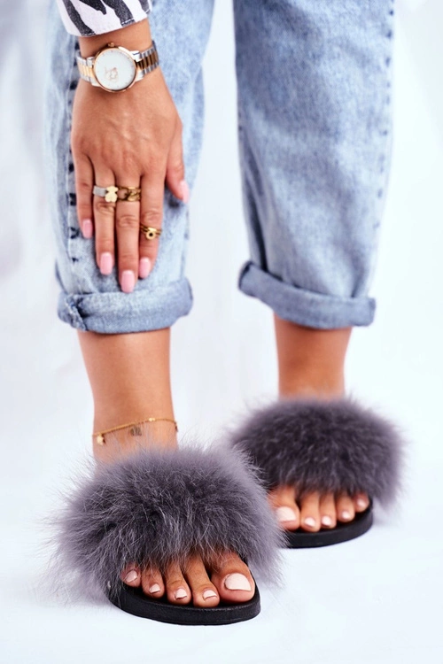 Klapki Damskie z Naturalnym Futerkiem Szare Bushido