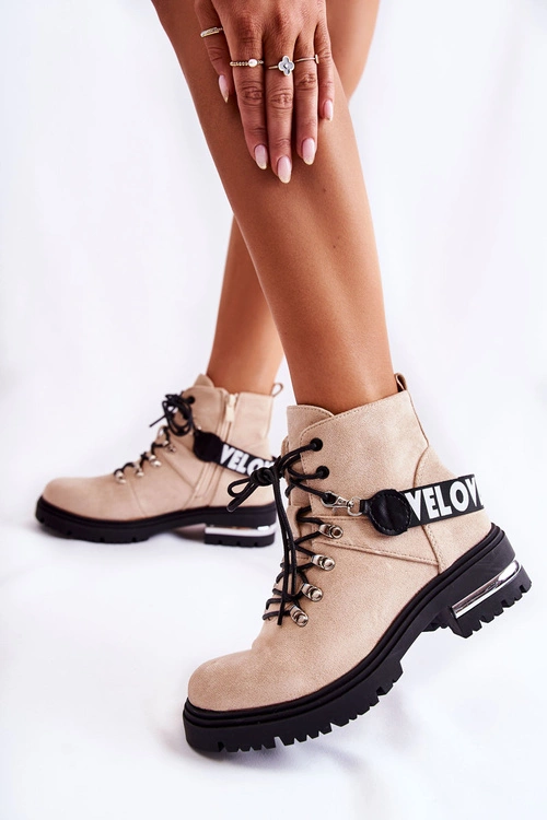 Zamszowe Ocieplane Botki Z Paskiem Beżowe Aurelio