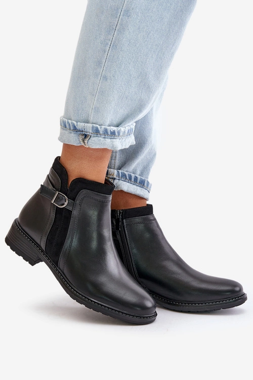 Ocieplane Botki Damskie Z Niską Cholewką Na Zamek Eko Skórzane Czarne Taitha