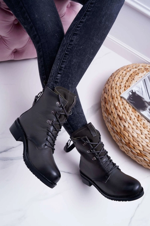 Damskie Botki Workery Big Star Skórzane Szare EE274507