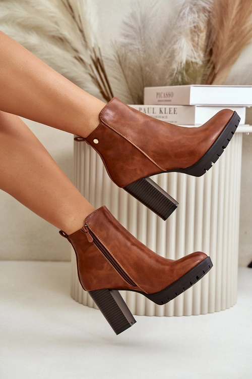 Botki Damskie Ocieplane Na Wysokim Słupku Zapinane Na Zamek Camel Bioria