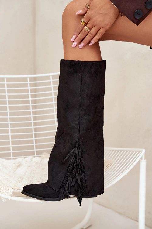 Wsuwane Kozaki Kowbojki Damskie Na Słupku Z Frędzlami Czarne Zalia