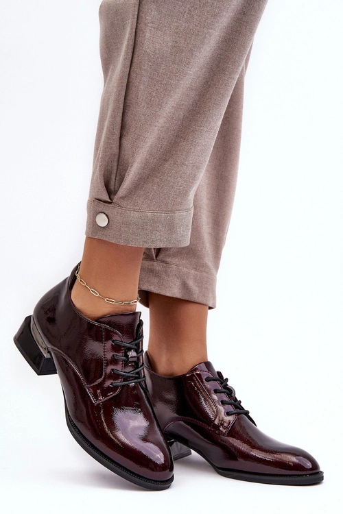 Lakierowane Półbuty Damskie Sznurowane Bordowe Banosa