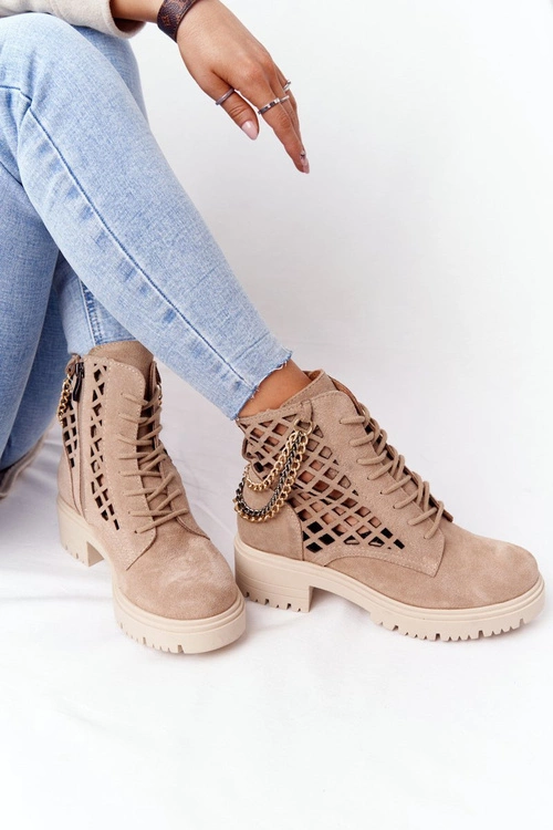 Ażurowe Botki Workery Lewski Shoes 3030-0 Piaskowe