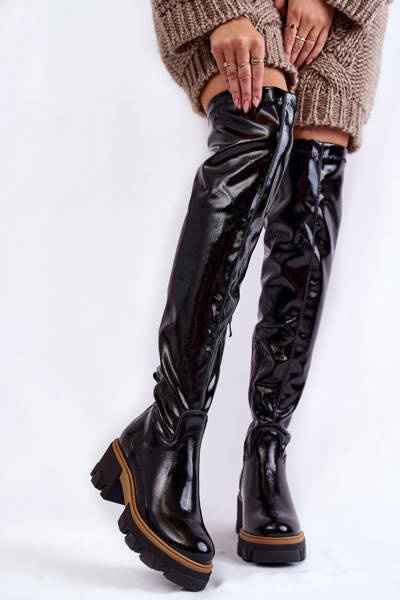 Modne Lakierowane Damskie Kozaki Za Kolano Czarne Lemar Venise