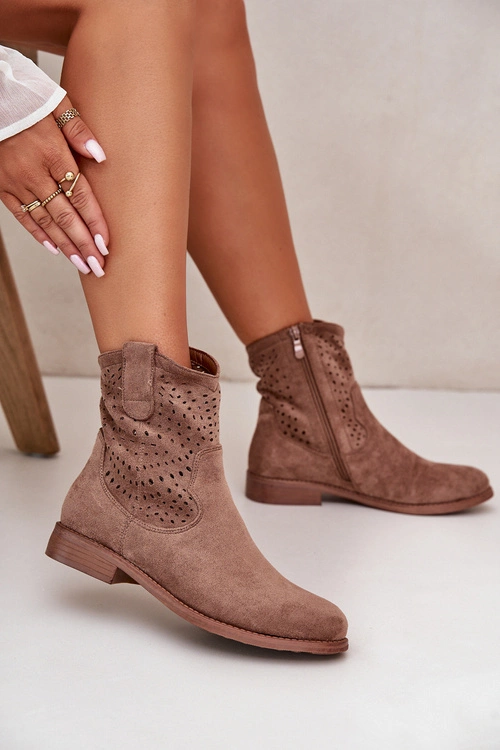 Damskie Ażurowe Botki Na Płaskim Obcasie Brązowe S.Barski HY42-135