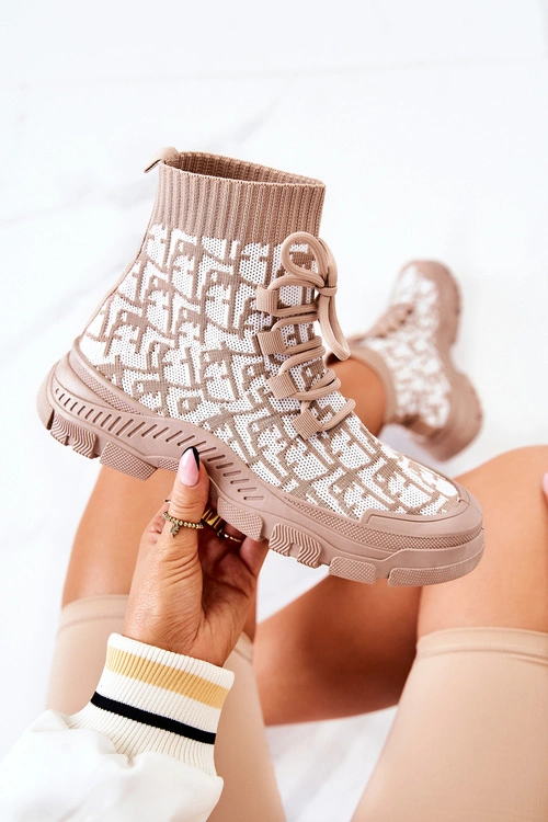 Buty Sportowe Skarpetkowe Beżowo-Białe Kandice