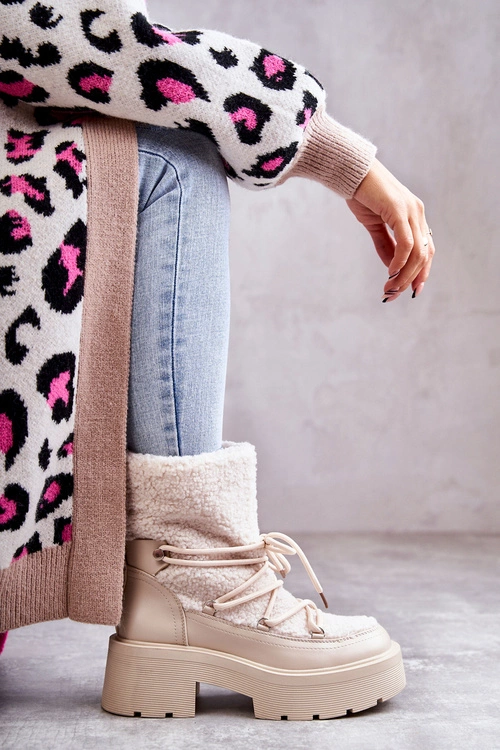 Damskie Botki Śniegowce Z Kożuszkiem Beżowe Sanna