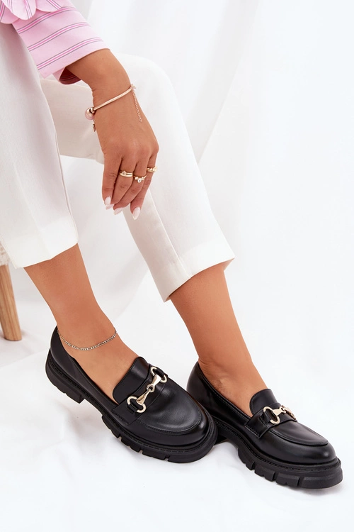 Damskie Mokasyny Ze Złotym Detalem Eko Skórzane Czarne Gemitha