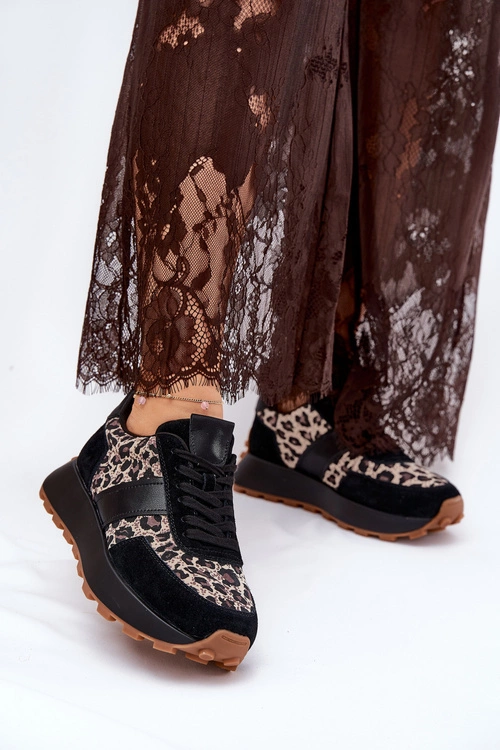 Zamszowe Sneakersy Damskie Na Platformie Panterka Vinceza 66793 Czarne