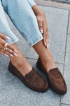 Loafersy Damskie Na Płaskim Obcasie Z Eko Zamszu Brązowe Rivianne