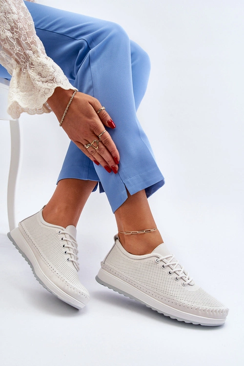 Skórzane Sportowe Buty Trampki Damskie Białe Lalnai