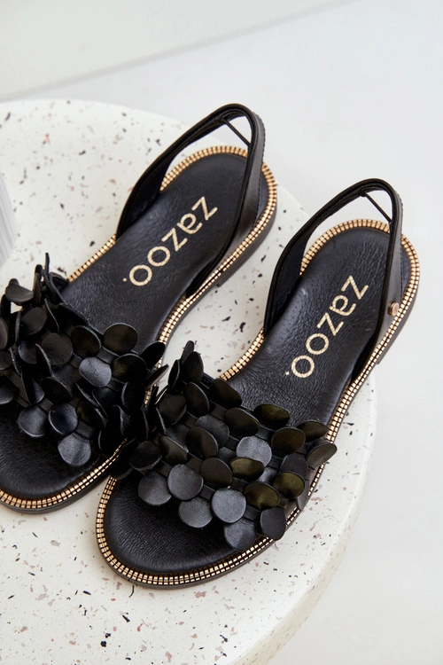 Skórzane Sandały Na Płaskim Obcasie Zazoo 40425 Czarne