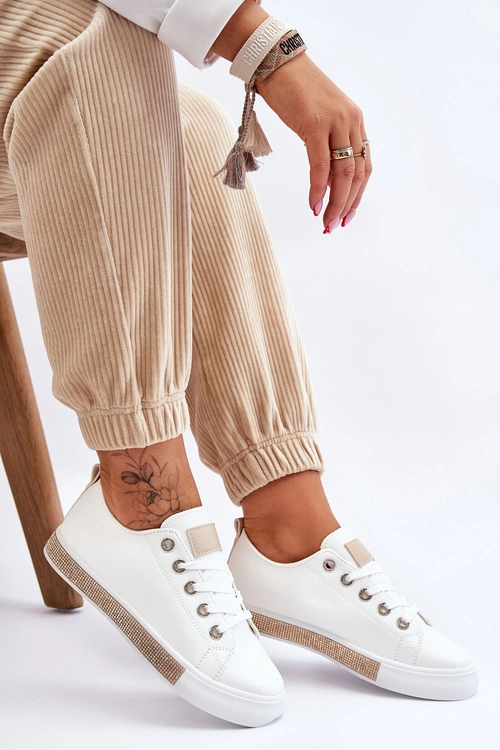 Niskie Trampki Damskie Z Dżetami Biało-Beżowe Demira