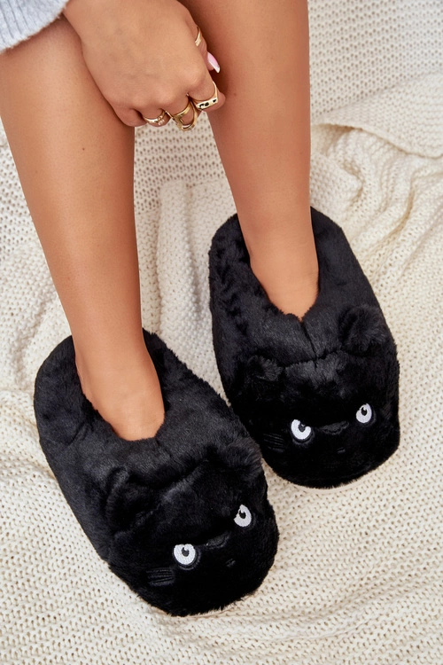 Damskie Futrzane Kapcie Kotki Czarne Iriviane