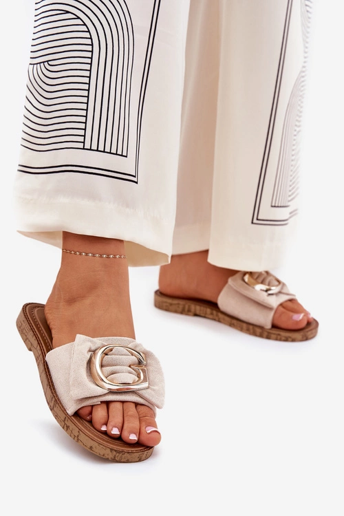 Płaskie Klapki Damskie Z Ozdobnym Detalem Beżowe Nellodra