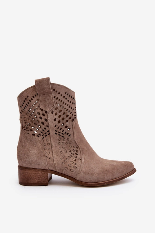 Zazoo 3305 Damskie Ażurowe Botki Kowbojki Na Niskim Obcasie Zamszowe Cappucino