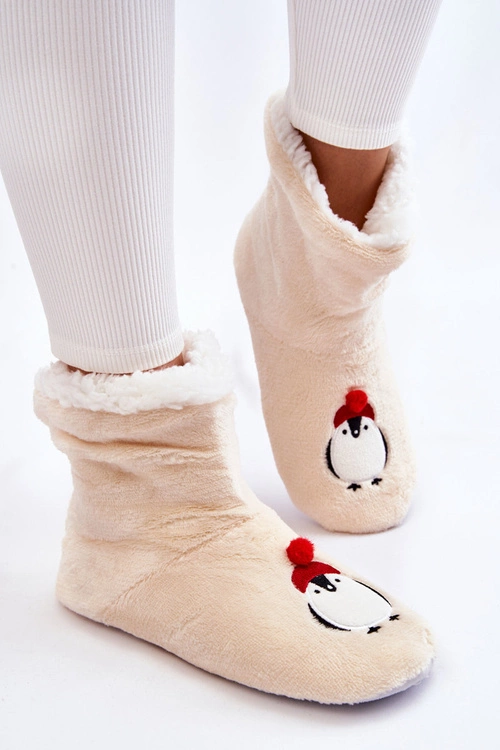 Damskie Wsuwane Ocieplane Papcie Z Pingwinami Kremowe