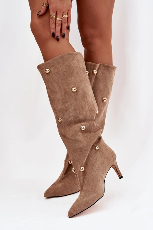 Wsuwane Kozaki Damskie Na Szpilce Ze Złotymi Ozdobami Beżowe Thaliane