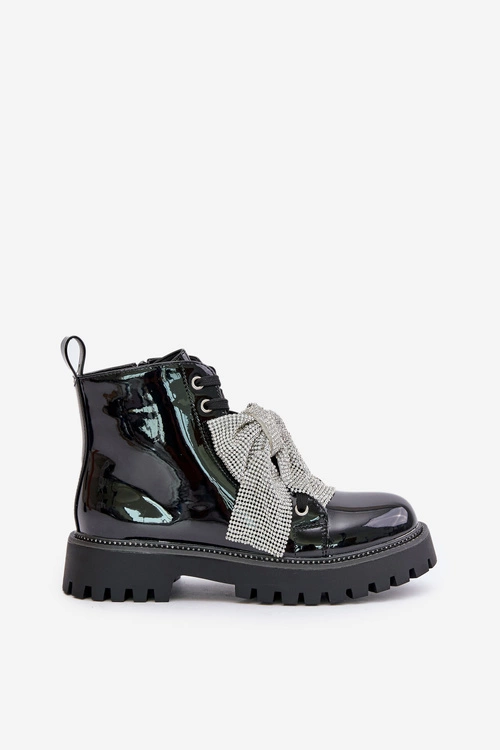 Lakierowane Botki Damskie Z Kokardą Czarne Ocenttia