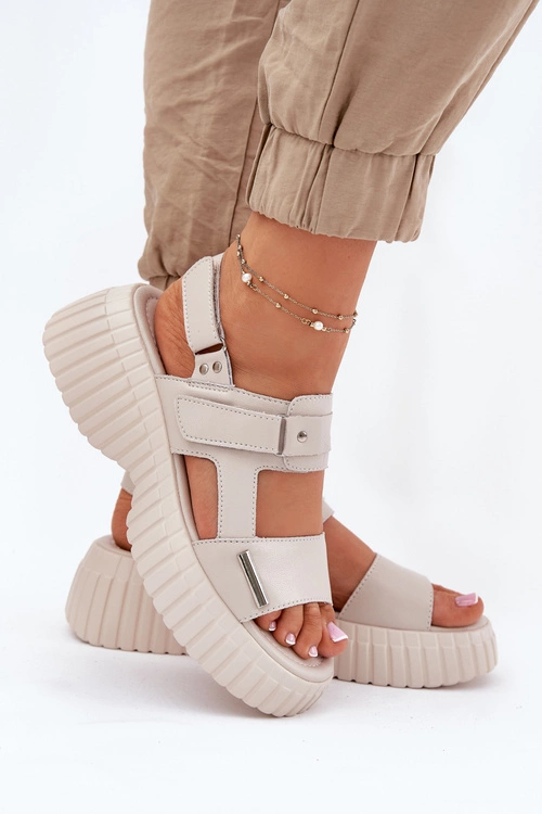 Skórzane Sandały Damskie Na Platformie Beżowe Mertella