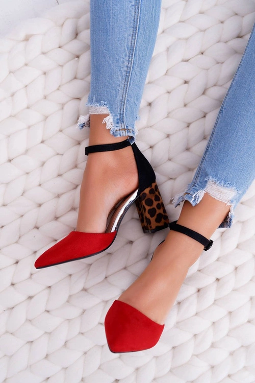 Czółenka Damskie Na Słupku Panterki Czerwone Ferri