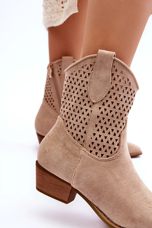 Damskie Ażurowe Botki Kowbojki Beżowe Reeds