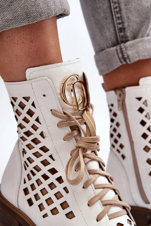 Zazoo 2695 Ażurowe Skórzane Botki Białe