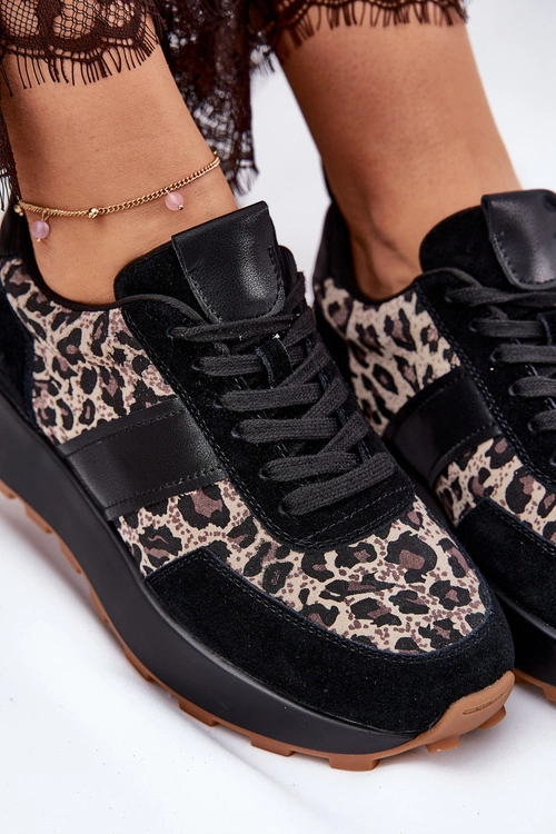 Zamszowe Sneakersy Damskie Na Platformie Panterka Vinceza 66793 Czarne