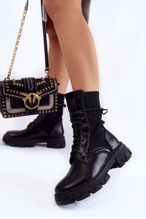 Damskie Botki Workery Sznurowane Czarne Marlissa