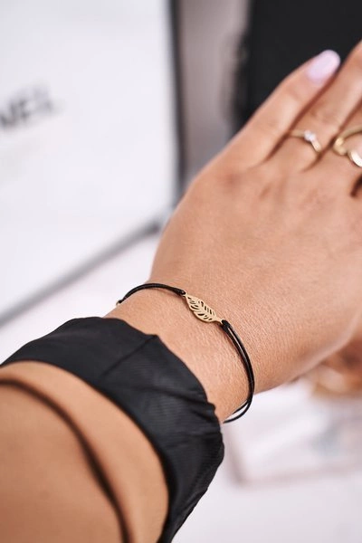 Bransoletka Złote Piórko Czarny Sznurek Bird