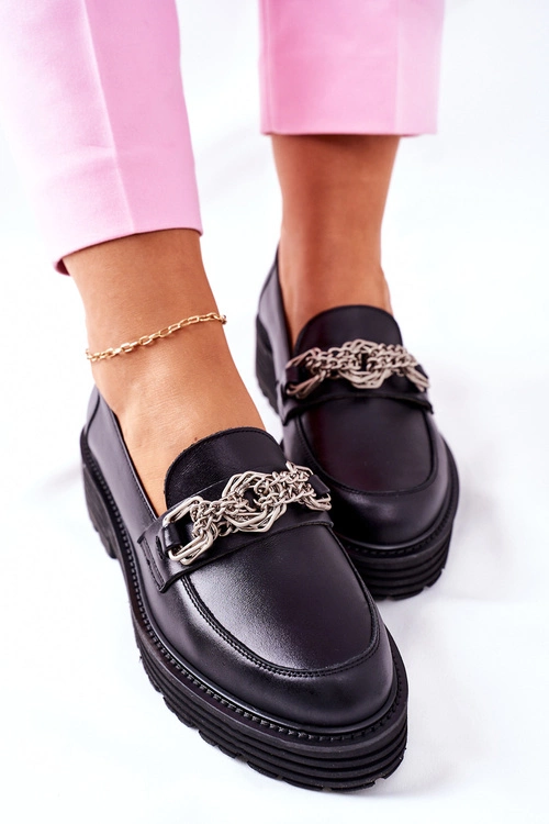 Damskie Półbuty Loafery Skórzane Czarne Laura Messi 2383