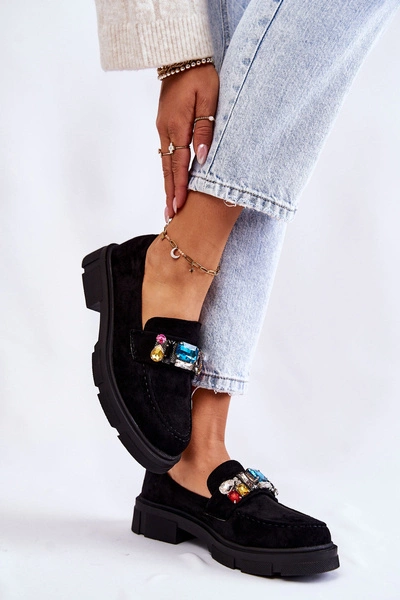 Damskie Zamszowe Półbuty Loafery Z Ozdobą Czarne Karlott