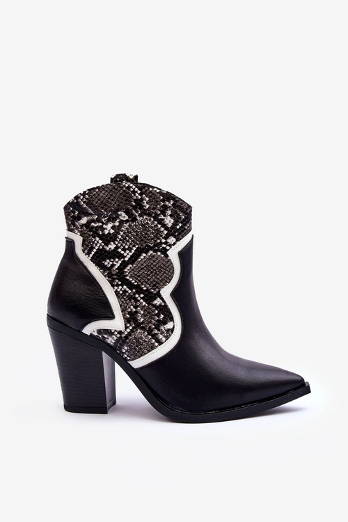 Damskie Wężowe Botki Kowbojki Czarno-Białe Leara