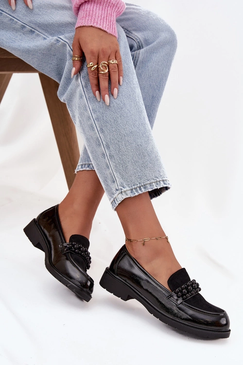 Mokasyny Damskie Lakierowane Z Koralikami S.Barski HY52-541 Czarne