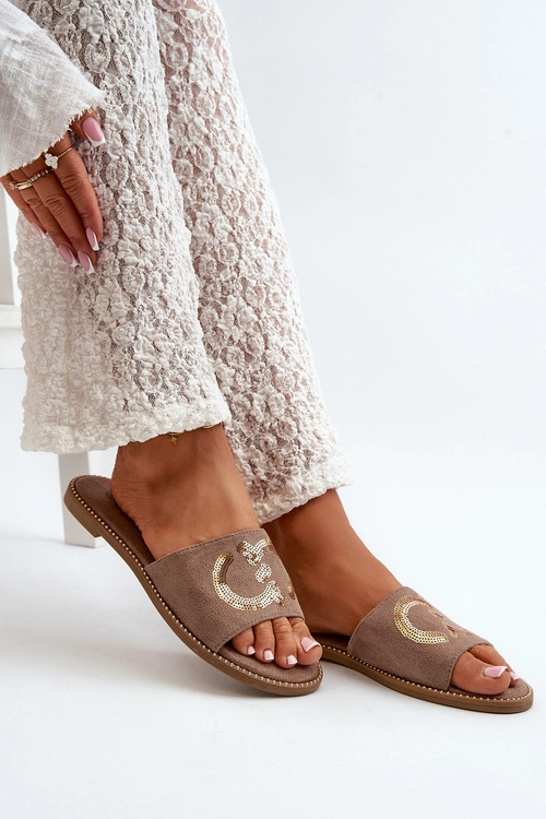 Damskie Płaskie Klapki Z Cekinami S.Barski KV27-052 Brązowe