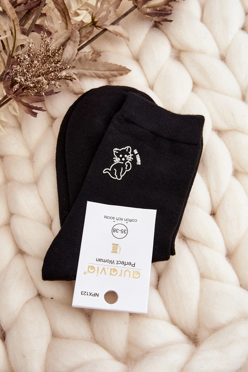 Damskie Gładkie Skarpety Z Kotkiem Czarne
