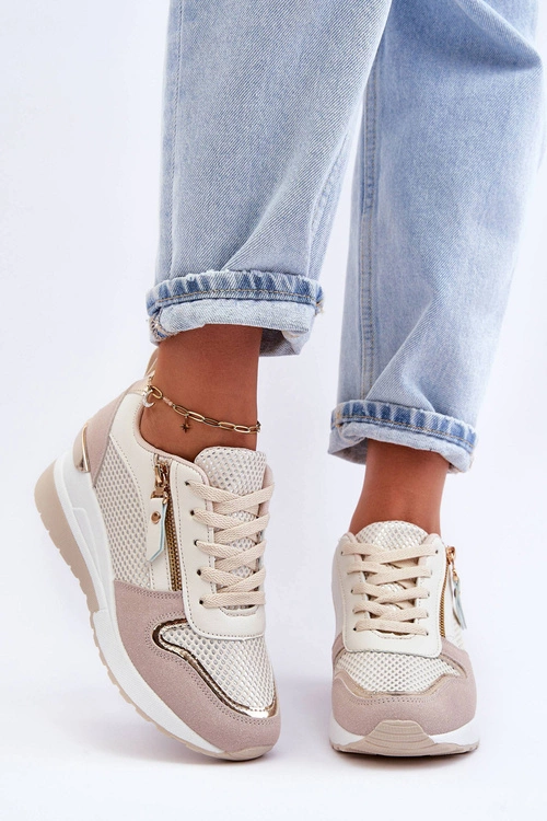 Damskie Sneakersy Na Koturnie Beżowo-Białe Sivan