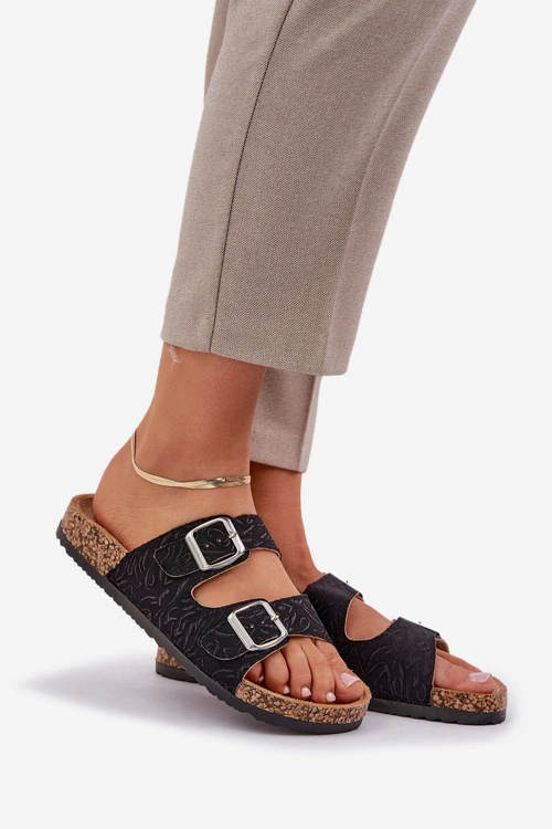 Materiałowe Klapki Na Korkowej Podeszwie Z Klamrami Czarne Atera