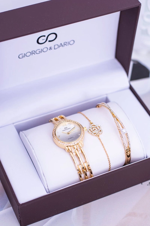 Zestaw Giorgio Dario Złoty Damski Zegarek Z Cyrkoniami Dwie Bransolety