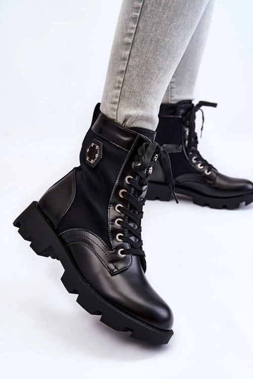 Damskie Sznurowane Botki Trapery Z Ociepleniem Czarne Nomi