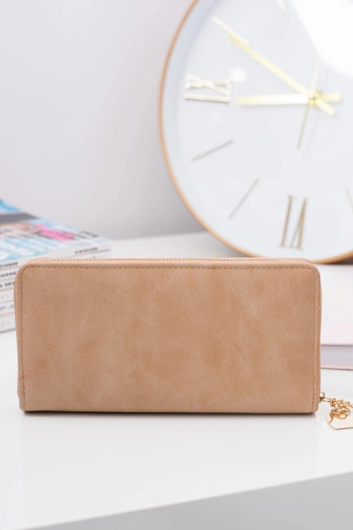 Beżowy Damski Duży Portfel Brelok Złote Serce